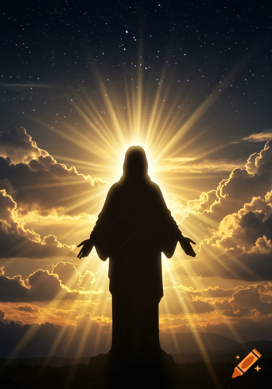 Silhouette of Jesus with outstretched arms against a brilliant golden light, dramatic clouds, and a starry night sky.