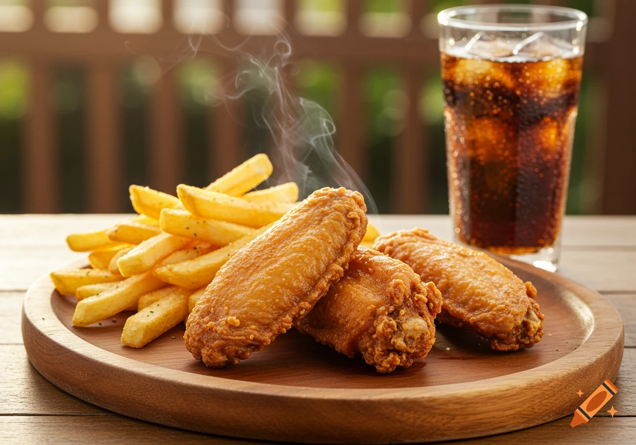 Three steaming, golden-brown fried chicken wings, a pile of french fries, and a glass of cola with ice on a wooden board.
