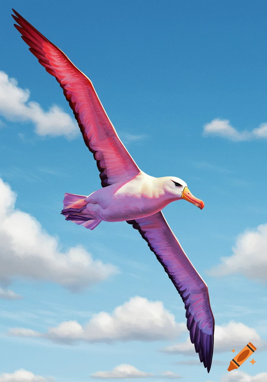 A vibrant rainbow-colored albatross with a white head and body flies against a blue sky with white clouds.