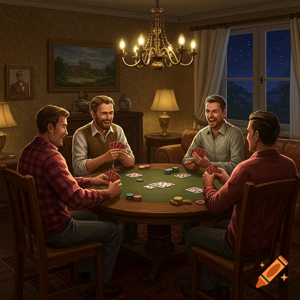 Four smiling men play poker around a green felt table in a cozy, chandelier-lit room at night.