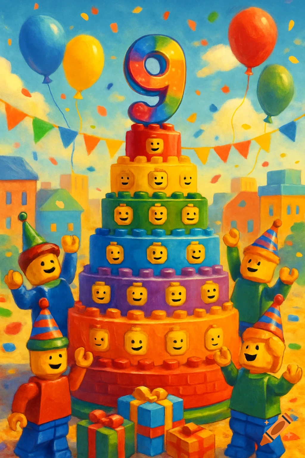Vibrant painterly illustration of a Lego-themed 9th birthday celebration with a rainbow cake, minifigures, balloons, and gifts.
