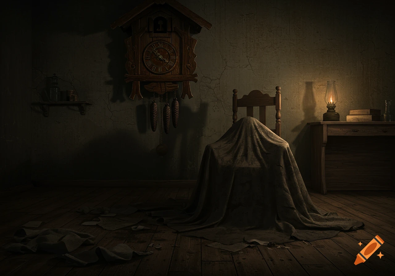 A sinister, dimly lit room with an old cuckoo clock, a cloth-draped chair, and an oil lamp on a dusty shelf.