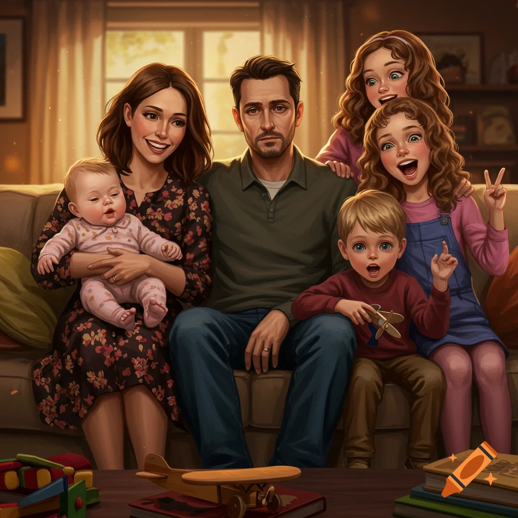 An illustrated portrait of a family of five sitting on a couch in a warm living room.