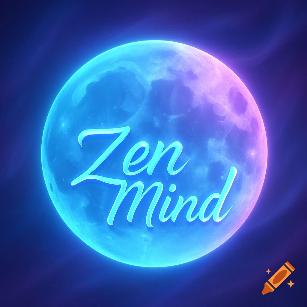 A glowing, neon-blue and pink moon with the text "Zen Mind" in a cursive, bright font across its surface, set against a dark, smoky background.