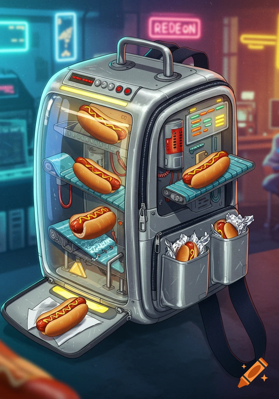 A futuristic, robotic backpack contains hot dogs on conveyor belts and in pouches, glowing with neon lights in a sci-fi setting, in a cartoon style.
