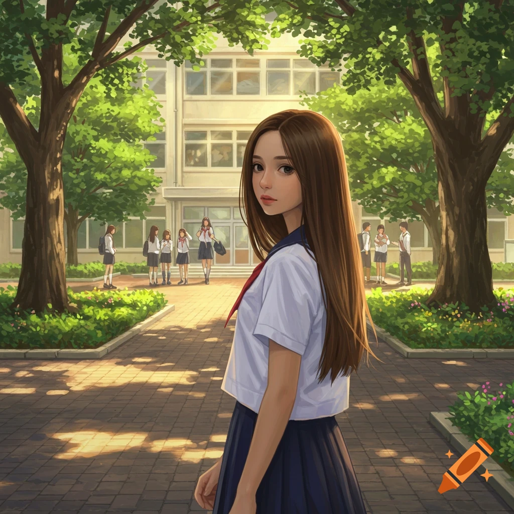 Anime illustration of a high school girl with long brown hair, wearing a uniform, standing in a sunny school courtyard.