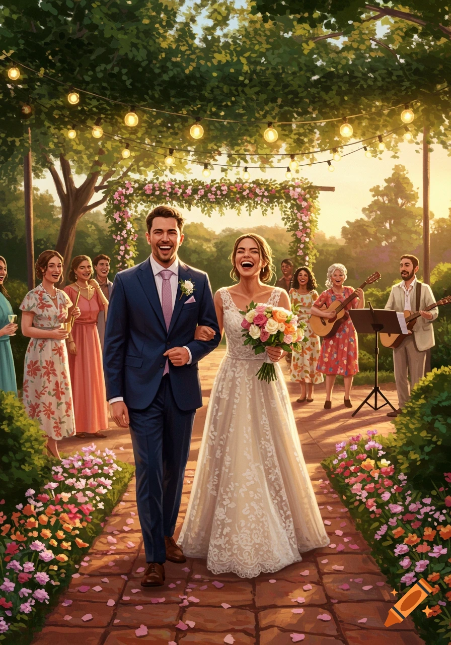 A laughing bride and groom walk arm-in-arm down an aisle at an outdoor wedding ceremony with guests and musicians in the background.