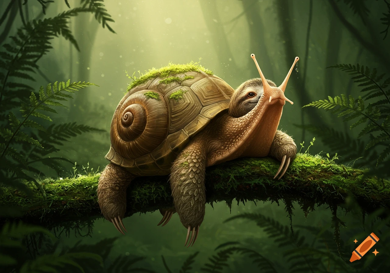 A detailed hybrid creature with a tortoise shell, snail head, sloth body, and moss, perched on a mossy branch in a lush jungle.