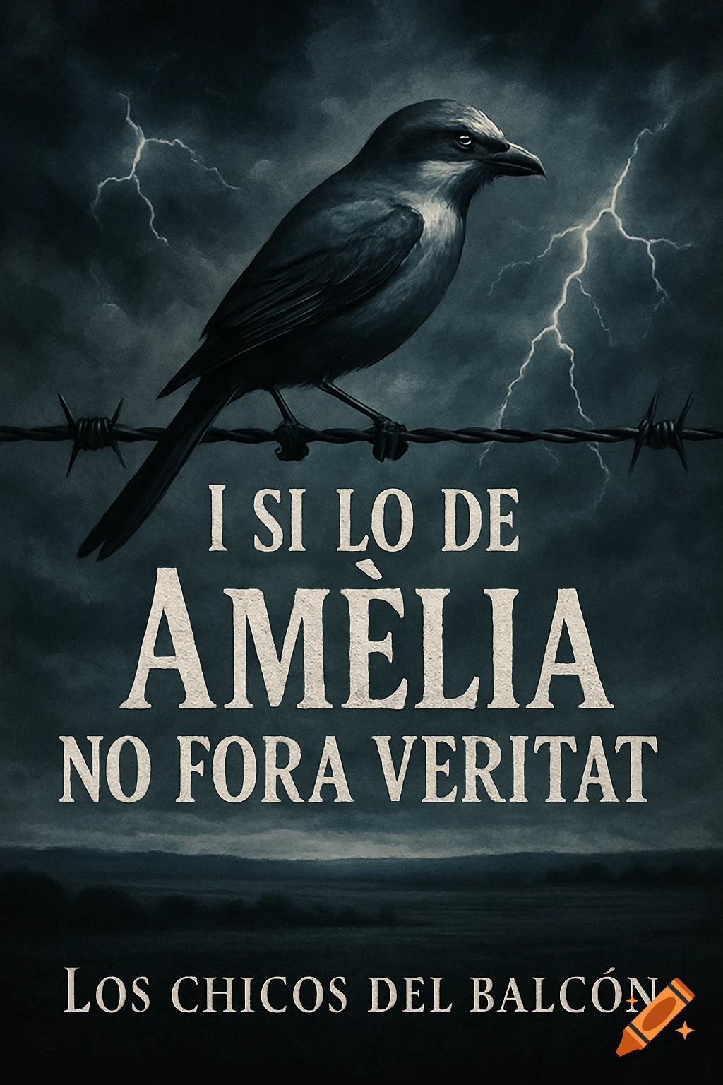 A dark book cover featuring a bird perched on barbed wire under a stormy sky with lightning. Text reads 'I SI LO DE AMÈLIA NO FORA VERITAT' and 'LOS CHICOS DEL BALCÓN'.
