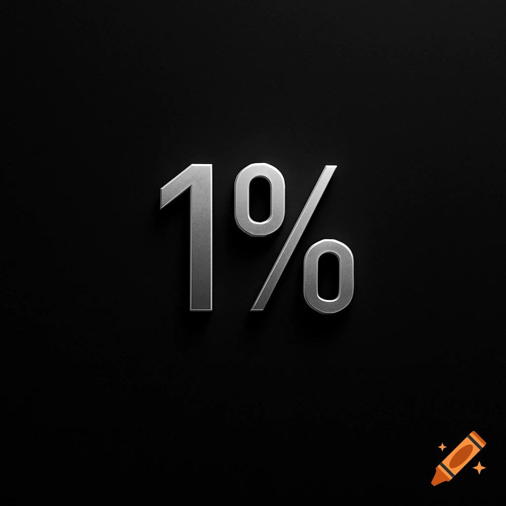 Metallic silver '1%' symbol on a black background.
