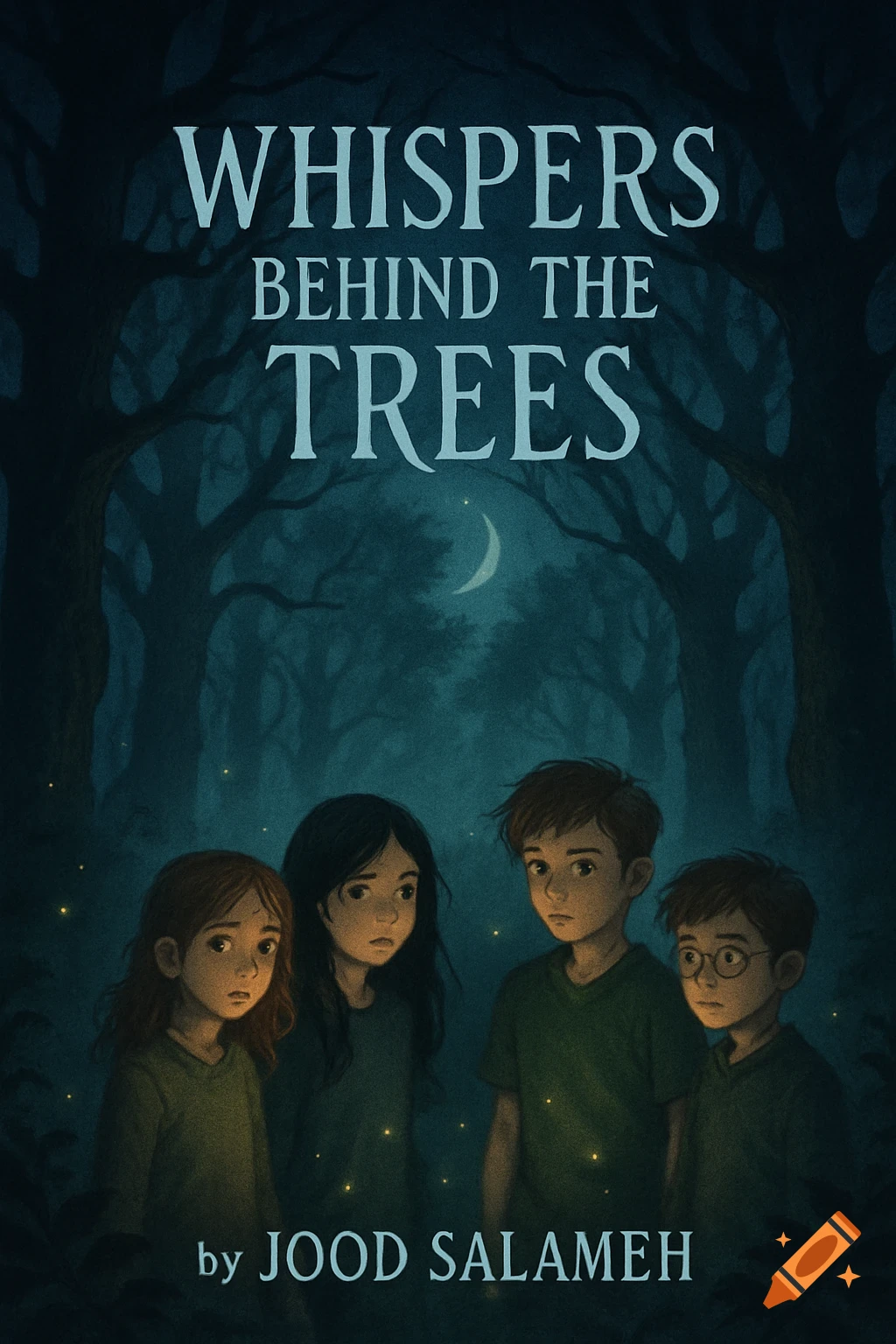 Illustrated book cover featuring four children looking concerned in a dark, moonlit forest with glowing fireflies. Title: Whispers Behind the Trees.