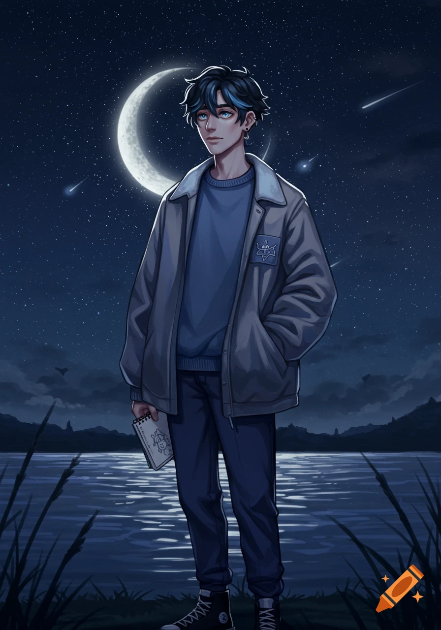 An anime-style young man with dark blue hair and blue eyes stands by a moonlit lake at night, holding a sketchbook.