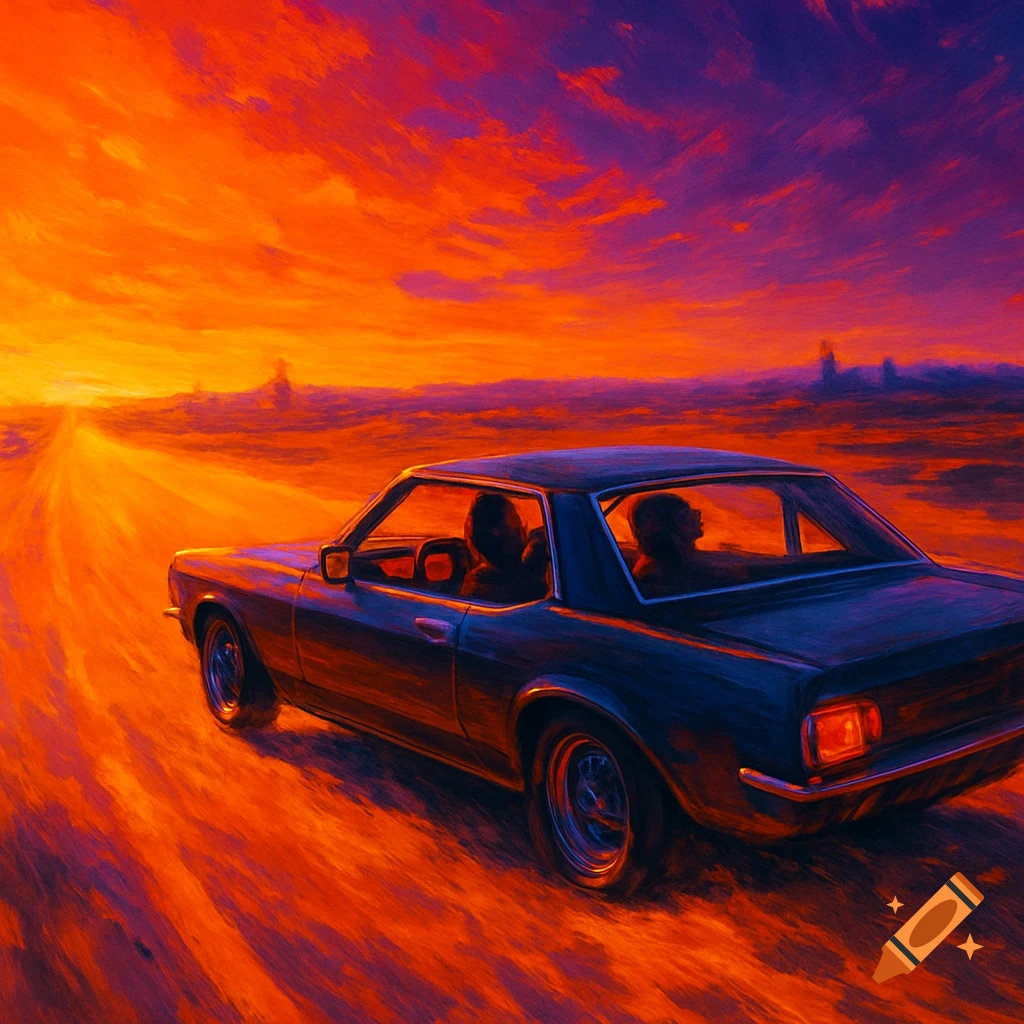 A car with two silhouetted figures drives on an orange road under a vibrant orange and purple sunset, painted style.