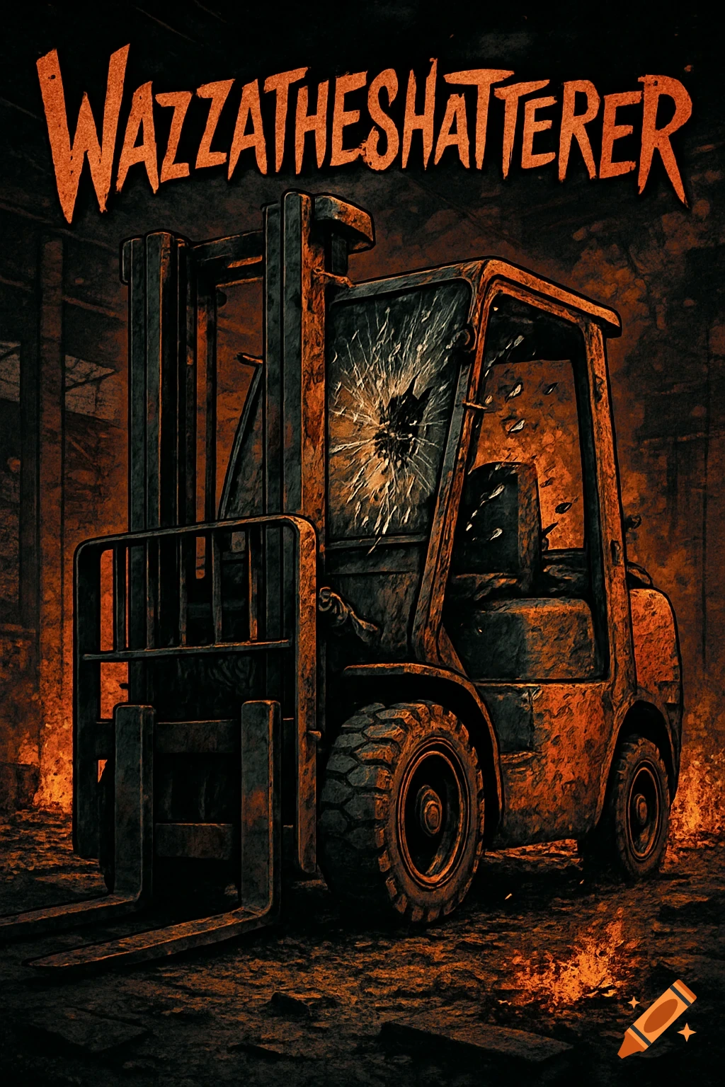 Gritty poster of a dark industrial forklift with a shattered windshield and the title 'Wazzatheshatterer'.