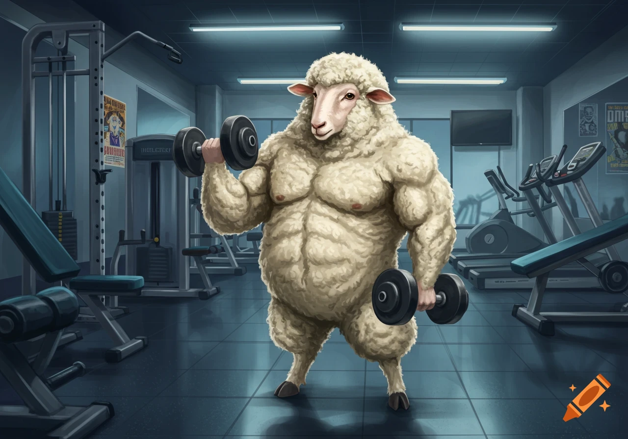 A muscular, cartoon-style sheep lifting dumbbells in a brightly lit gym.