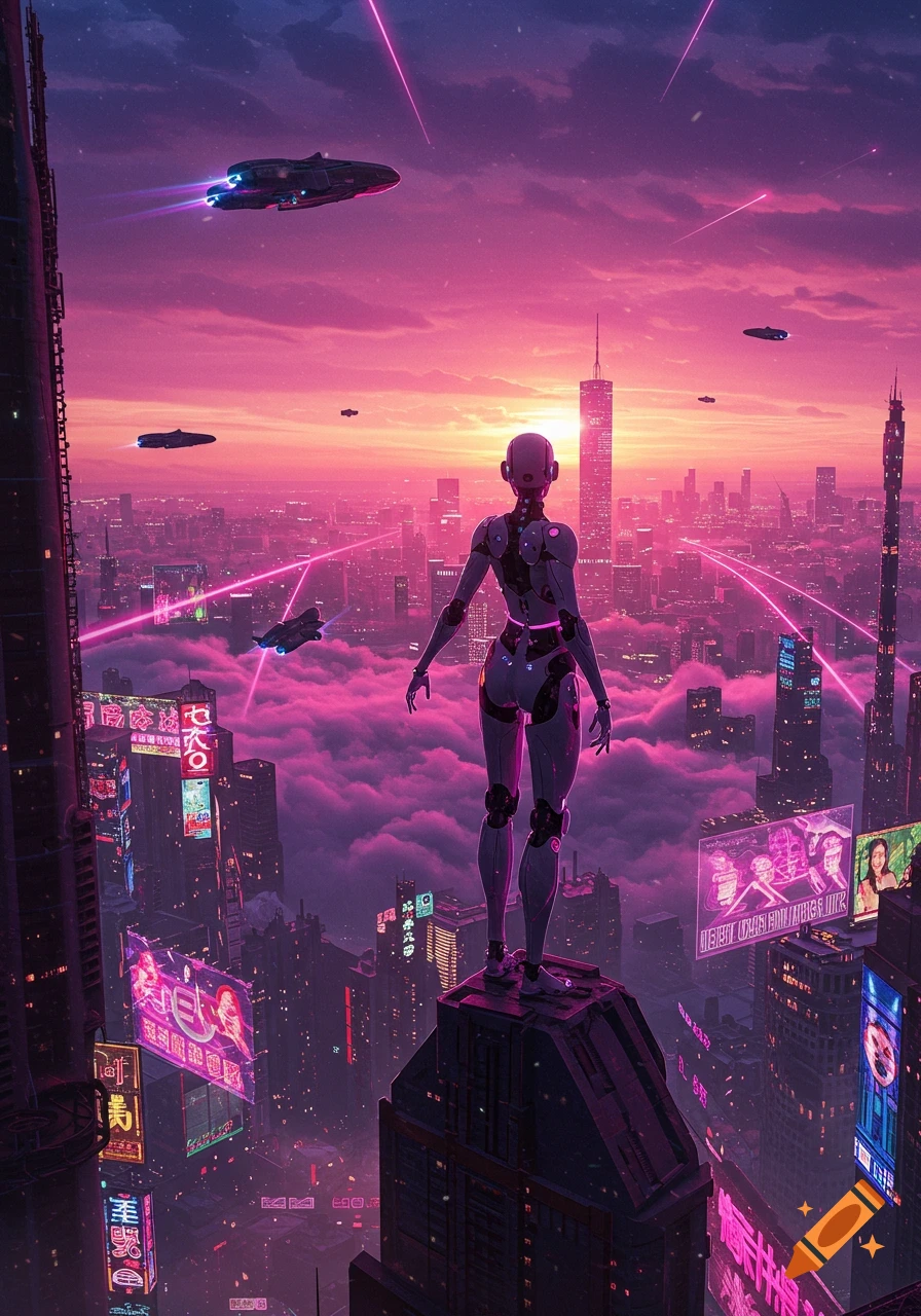 A robot overlooks a futuristic city with glowing pink and purple neon lights and flying vehicles at sunset.