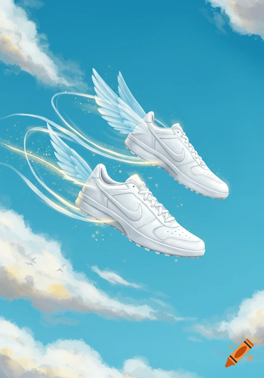 Two white Nike sneakers with ethereal wings fly through a bright blue sky with wispy clouds, leaving glowing trails in a digital illustration.