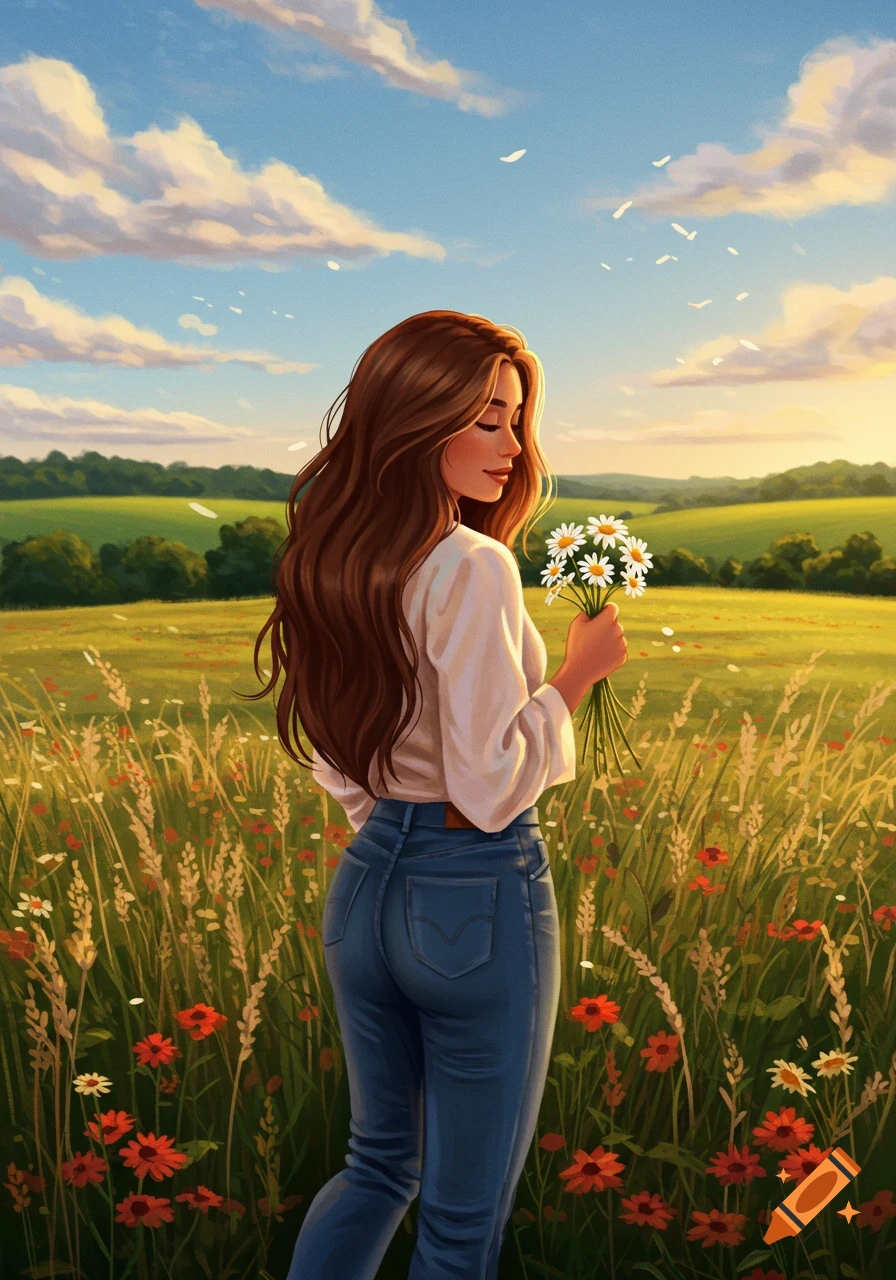 Stylized illustration of a woman with long brown hair holding daisies in a sunny field.