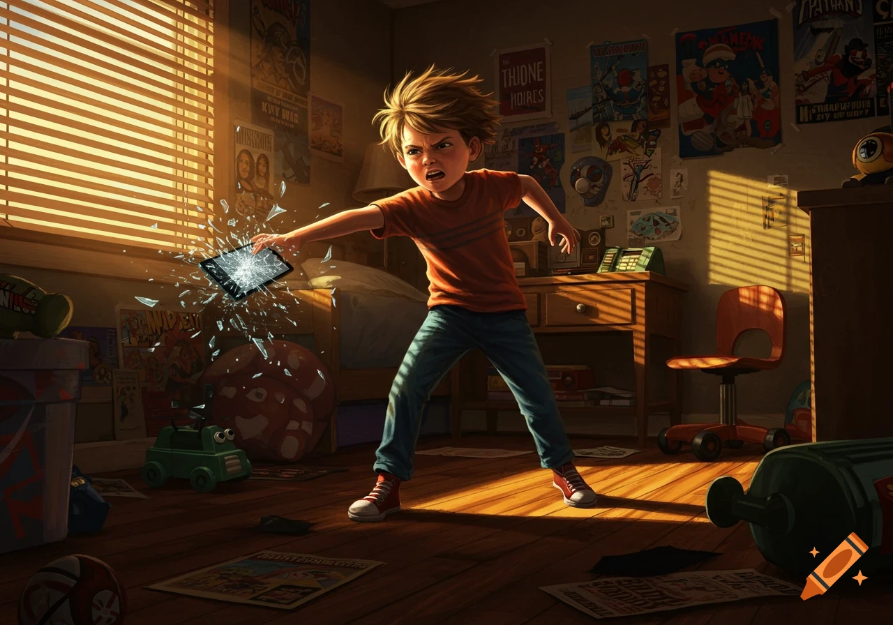 An angry boy in a messy room throws a tablet, which shatters into pieces. Stylized illustration.