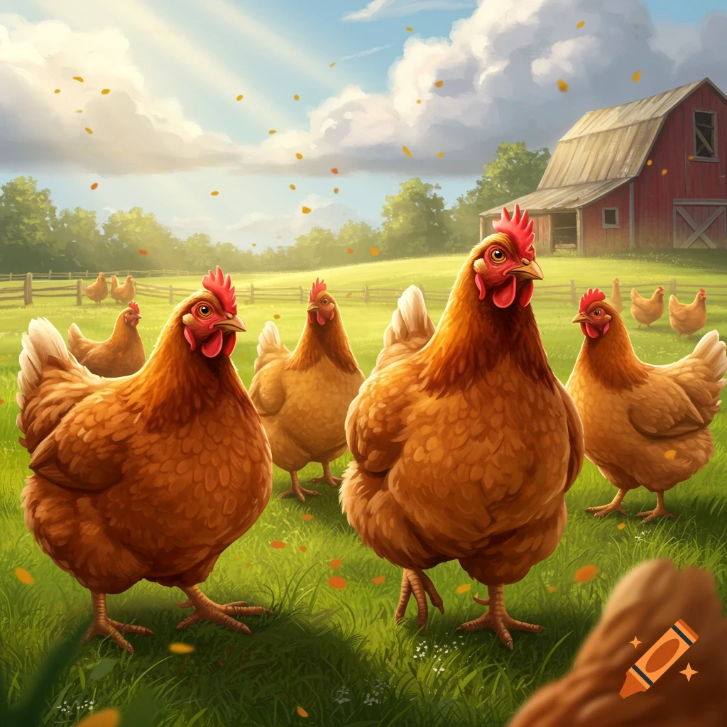 Several brown chickens stand in a vibrant green field with a red barn and fence under a sunny, cloudy sky.