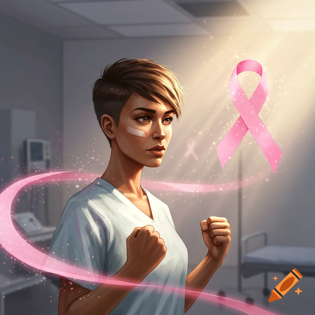 Digital illustration of a determined woman with short hair and a bandage, clenching her fists in a hospital room, surrounded by a sparkling pink ribbon.