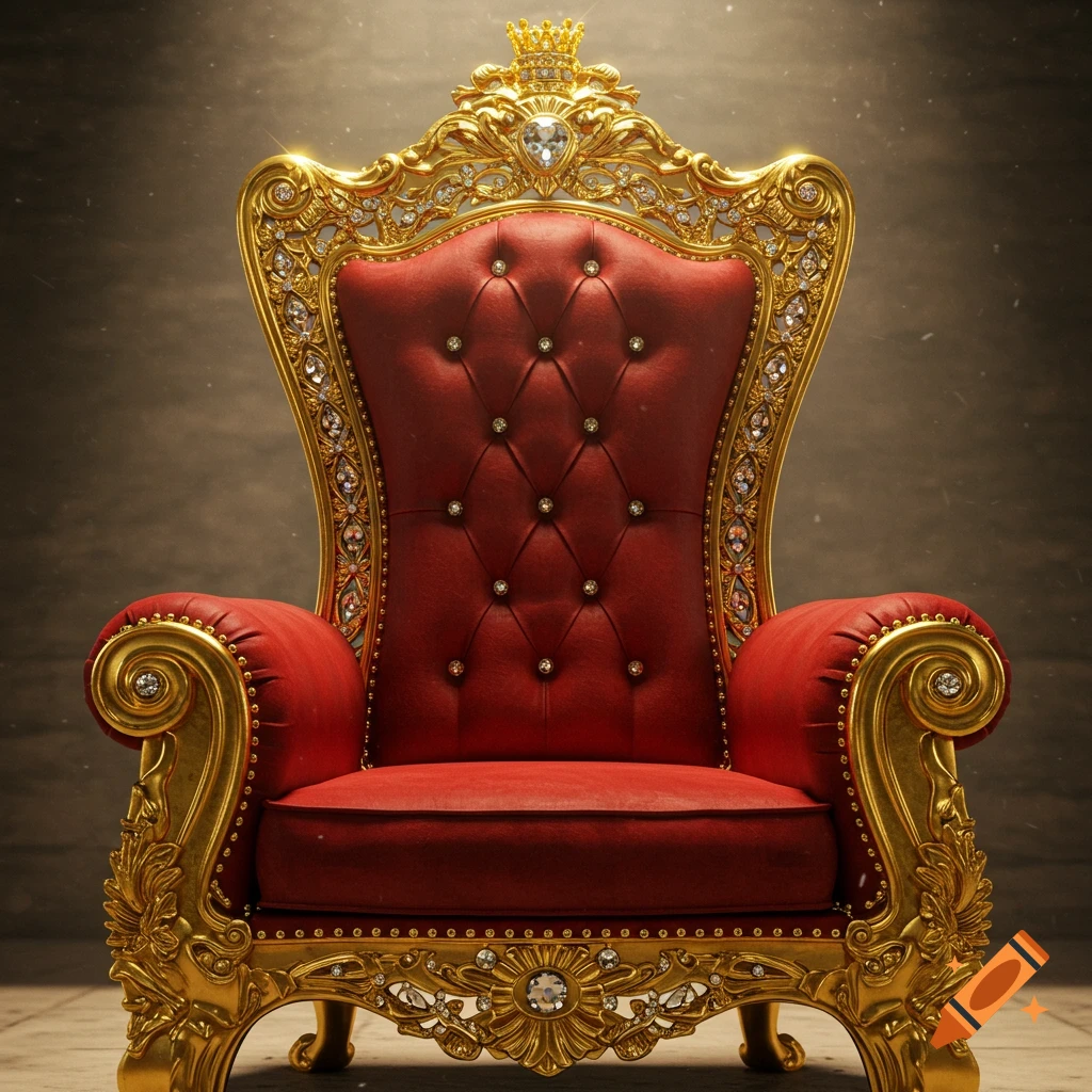 A detailed, photorealistic golden throne with red velvet cushions, adorned with jewels and diamonds, viewed from an upper angle.