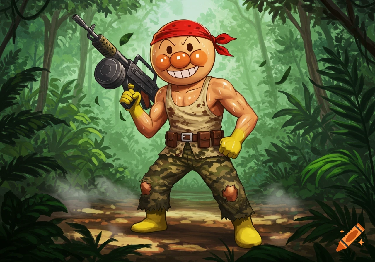 Cartoon Baikinman (Anpanman) as Rambo in a jungle, wearing camo and a red bandana, holding a large gun.