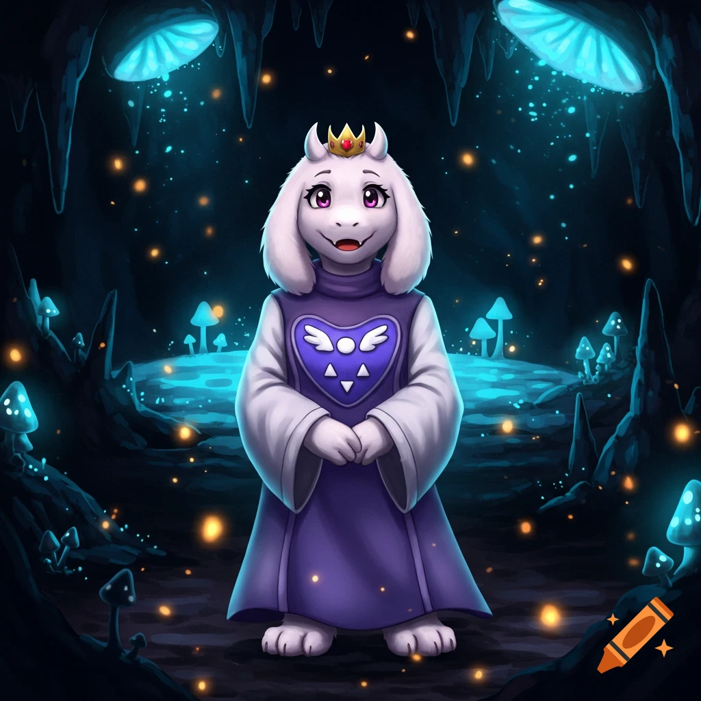 Toriel, a white goat-like monster wearing a crown and a purple robe, stands in a mystical glowing cave with blue mushrooms.
