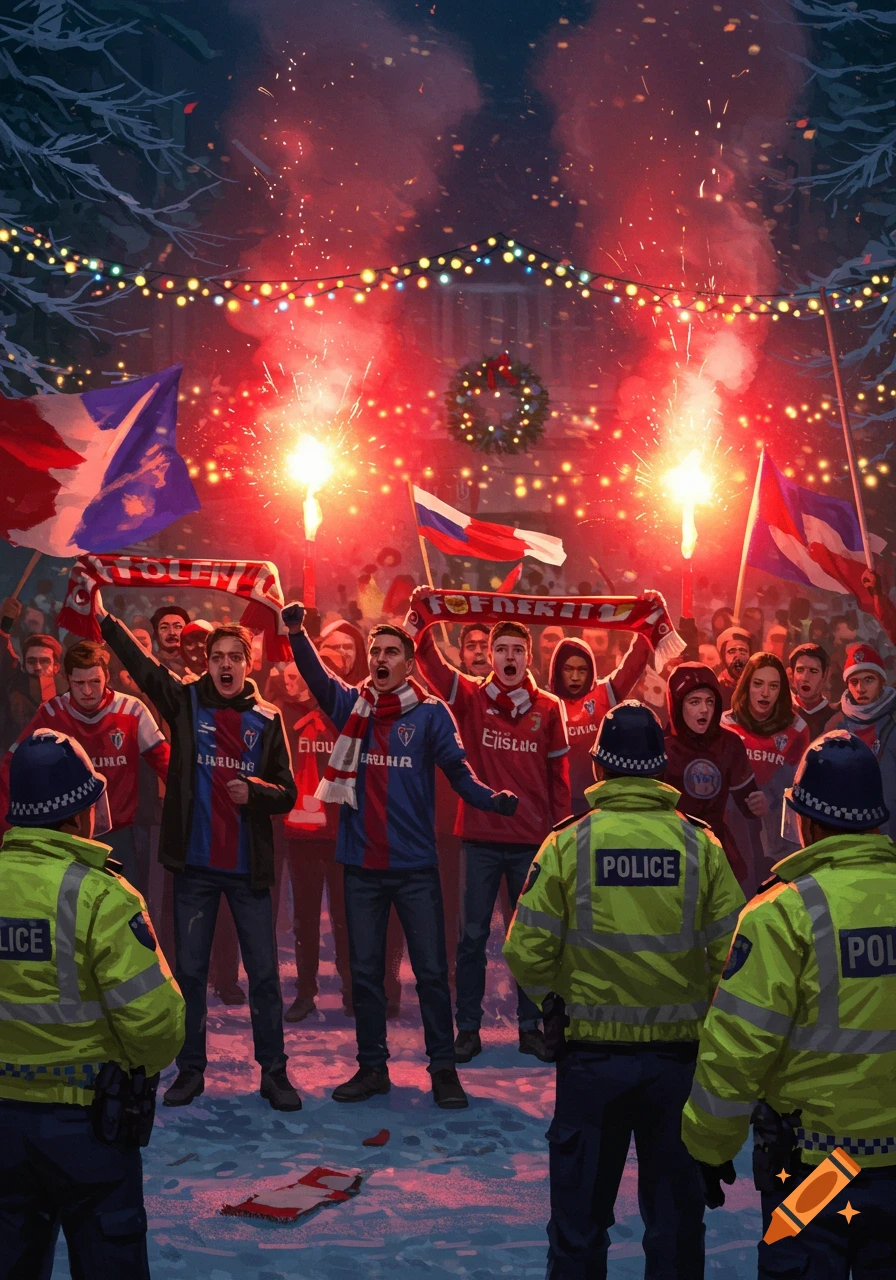 A snowy street scene with a crowd of soccer fans holding flares and flags, facing two police officers. Christmas lights and a wreath decorate buildings in the background.