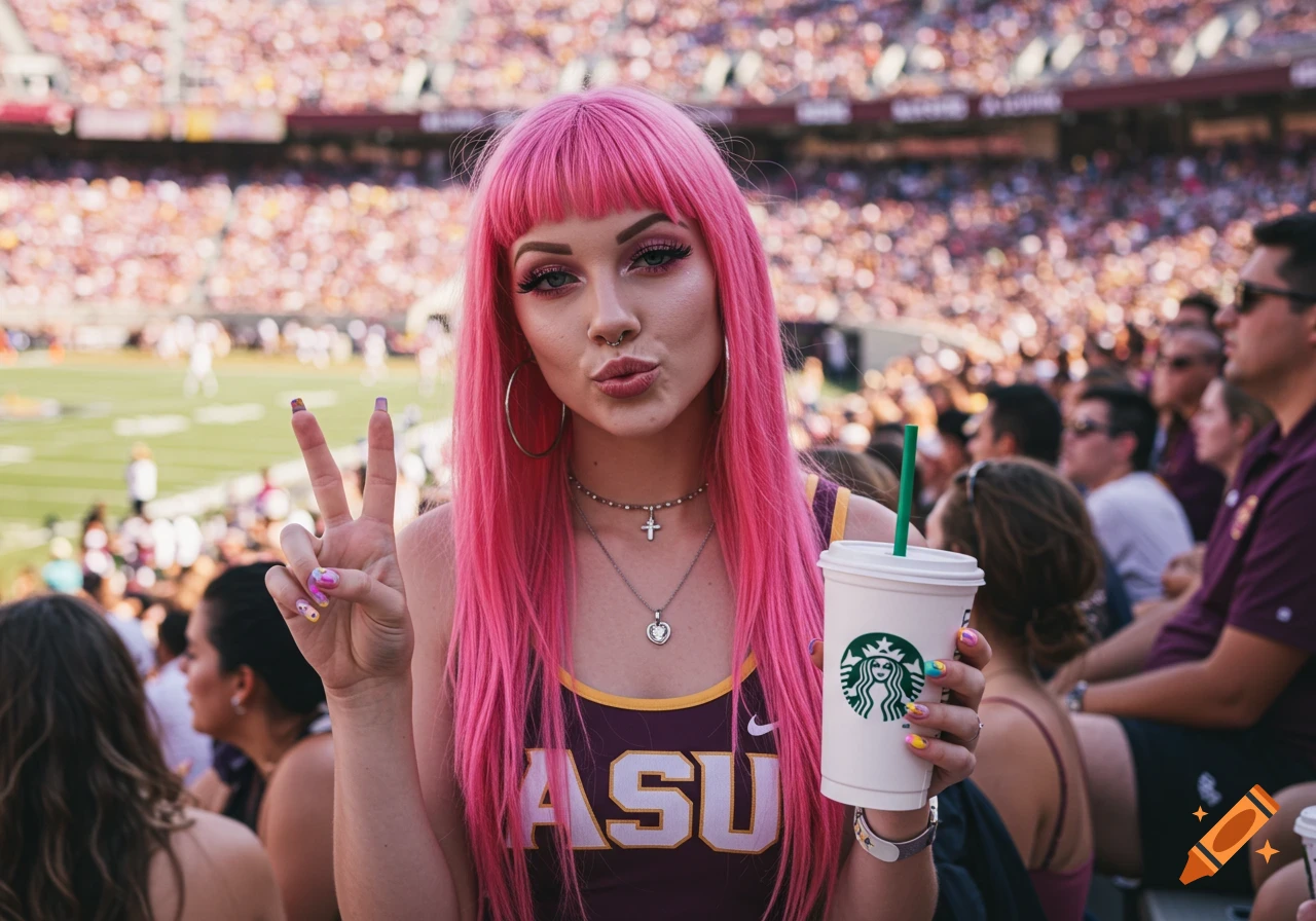 A woman with hot pink hair, glam makeup, and a nose stud at a football game, making a peace sign and holding a Starbucks cup, wearing an ASU tank top.