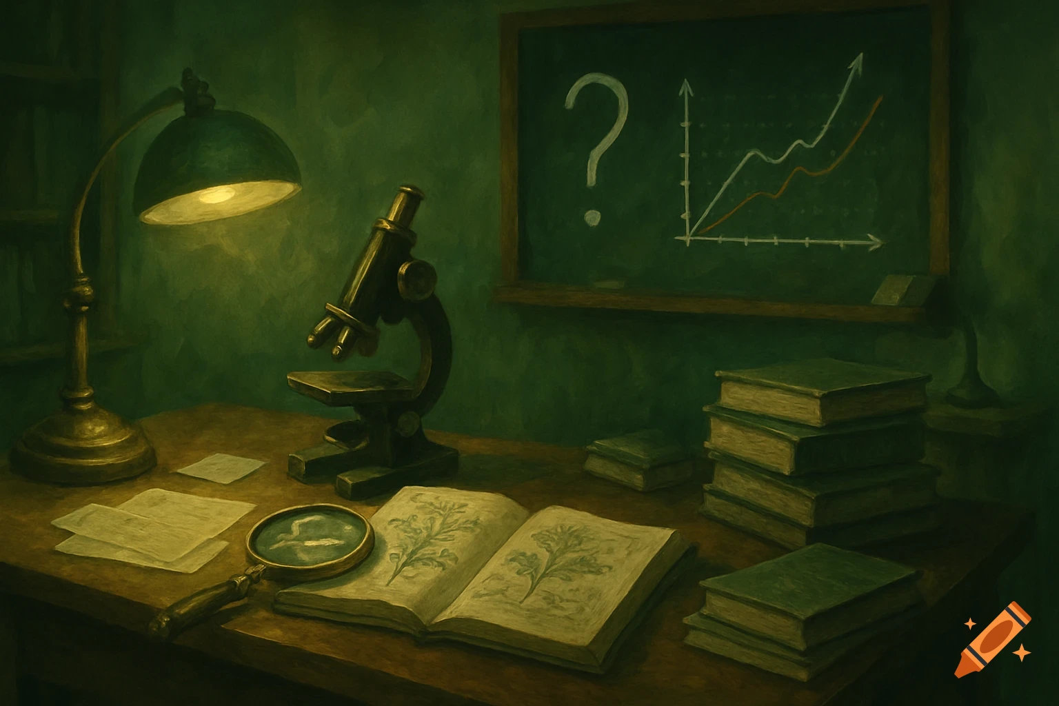 A vintage-style scientist's desk with a microscope, books, magnifying glass, and a chalkboard with a question mark and graph, bathed in green light.