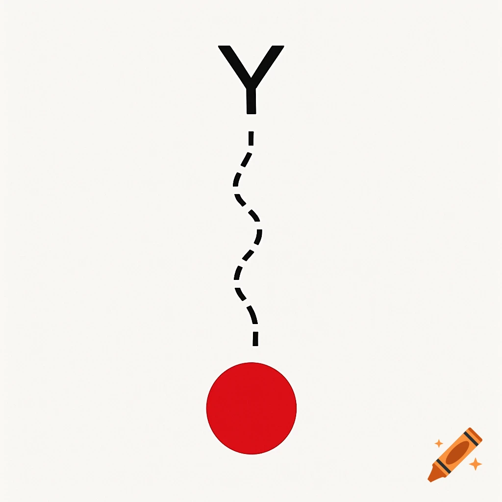 Minimalistic design with a black letter Y, a wavy dotted line, and a red circle on a white background.