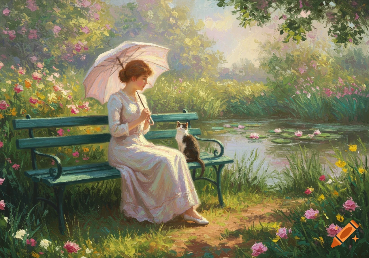 Impressionist painting of a woman with an umbrella and a cat sitting on a bench by a lily pond.