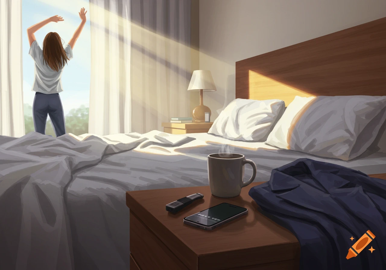 A person stretches, back to viewer, in a sunlit bedroom with an unmade bed, coffee mug, and phone on the nightstand, in an anime style.