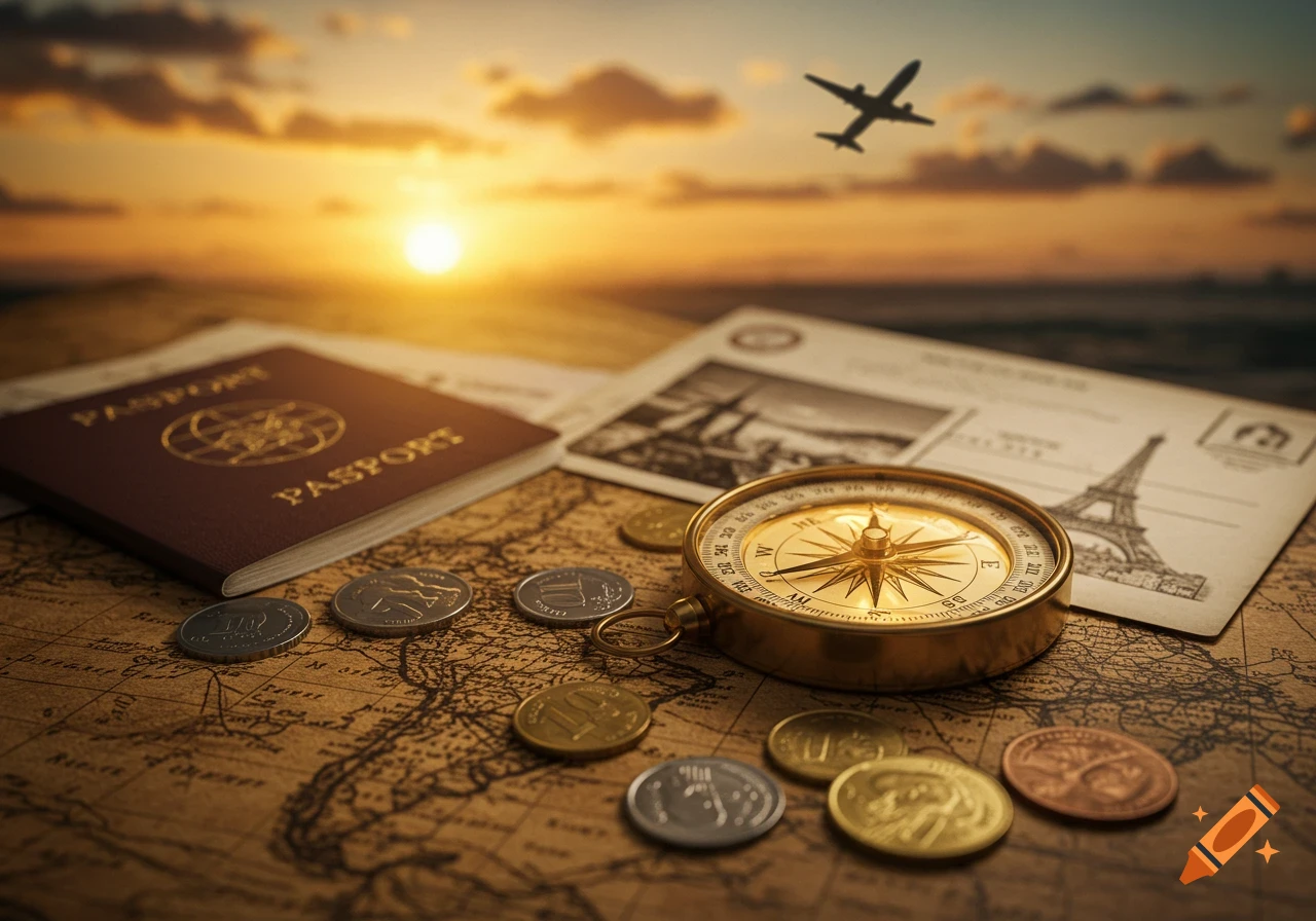 A map covered with travel items including a passport, golden compass, coins, and postcards. An airplane flies in the background against a sunset sky.