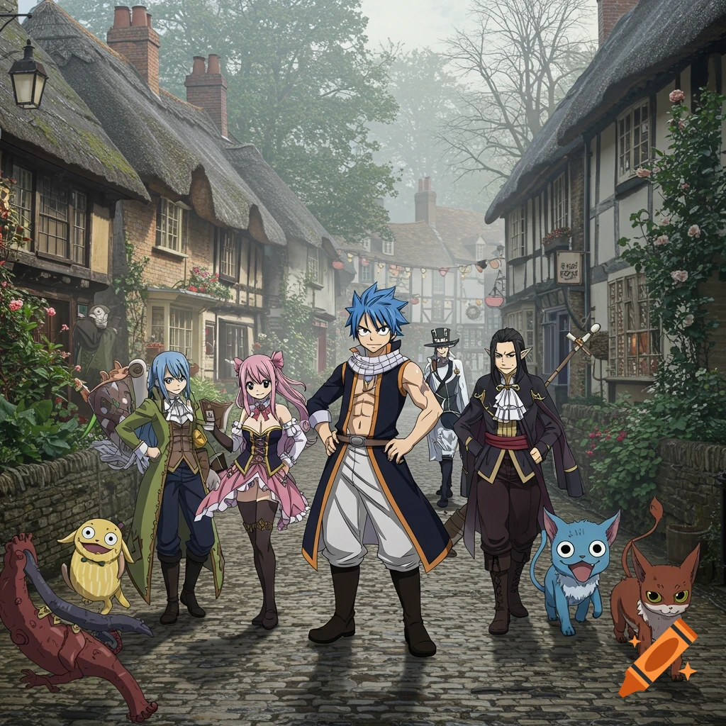 Anime characters with varied hair colors and small creatures stand on a cobblestone street in a foggy, quaint English village.