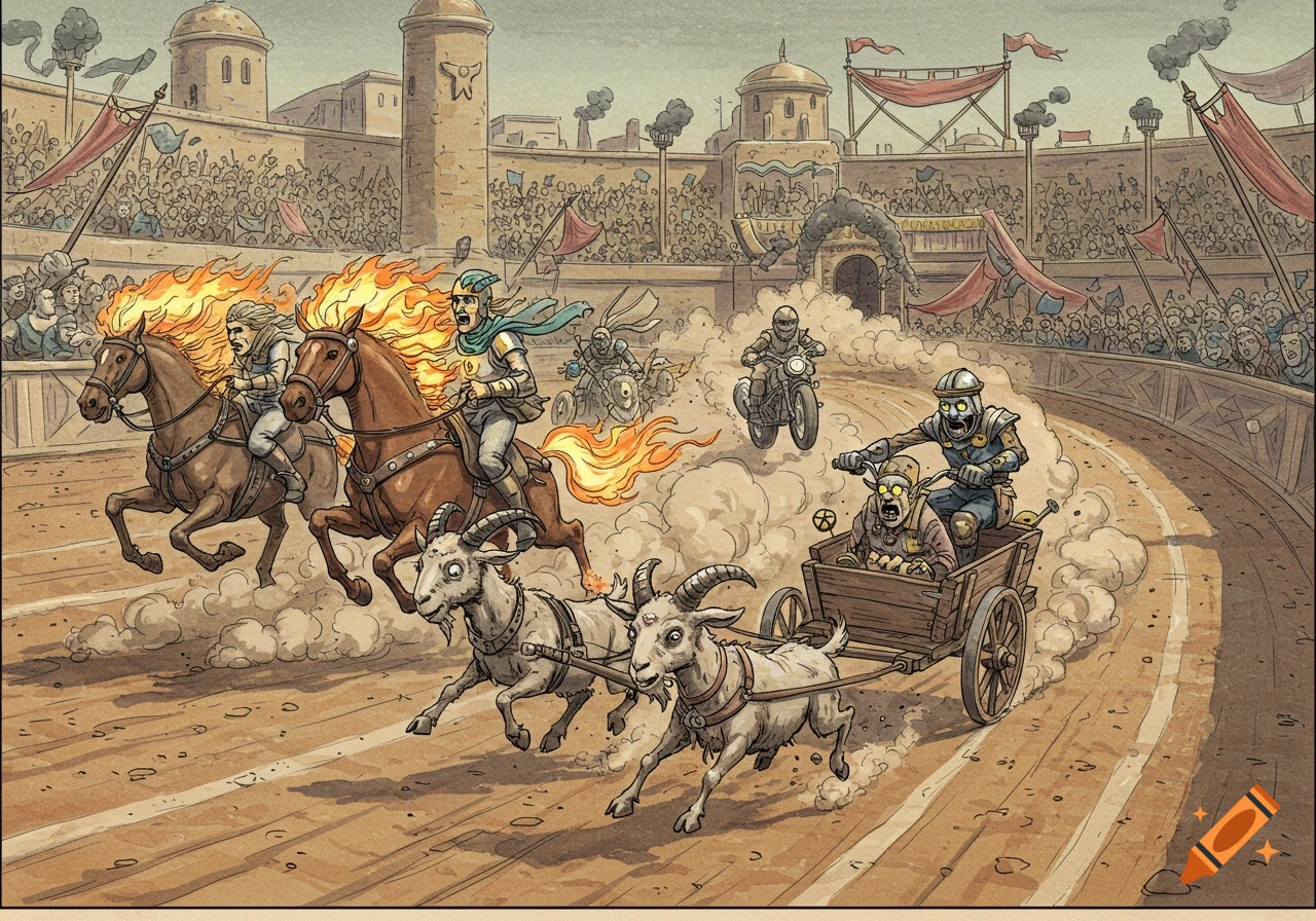 A whimsical storybook illustration of a chaotic fantasy race in a hippodrome, with riders on flaming horses, motorcycles, and a goat-pulled cart.