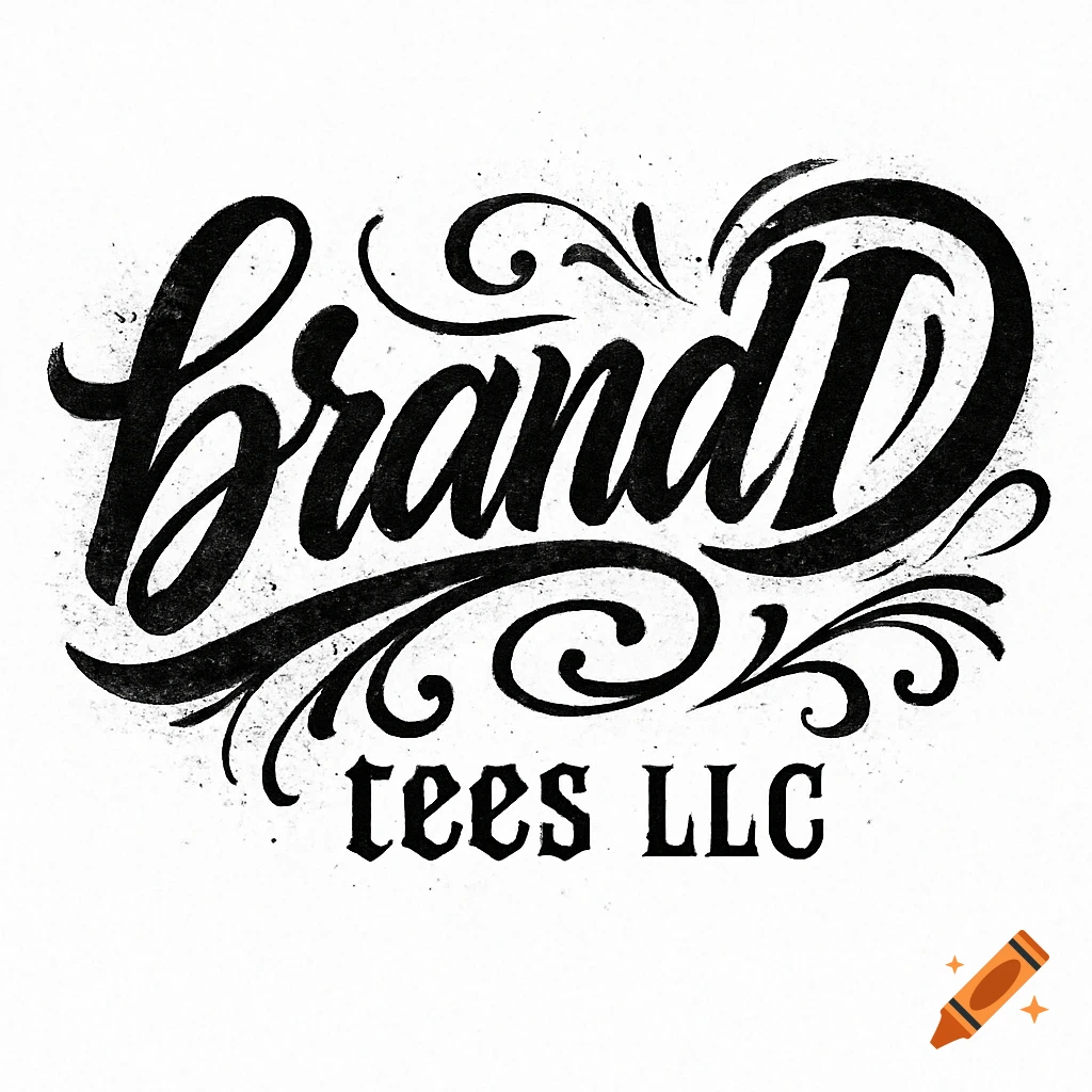 Black and white logo with 'brandID' in ornate script above 'tees LLC' in Gothic font, with gritty textures and flourishes.
