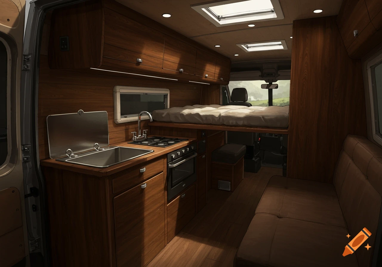 Interior of a modern camper van featuring dark wood cabinets, a kitchen area with a sink and stove, an elevated bed, and a brown sofa.