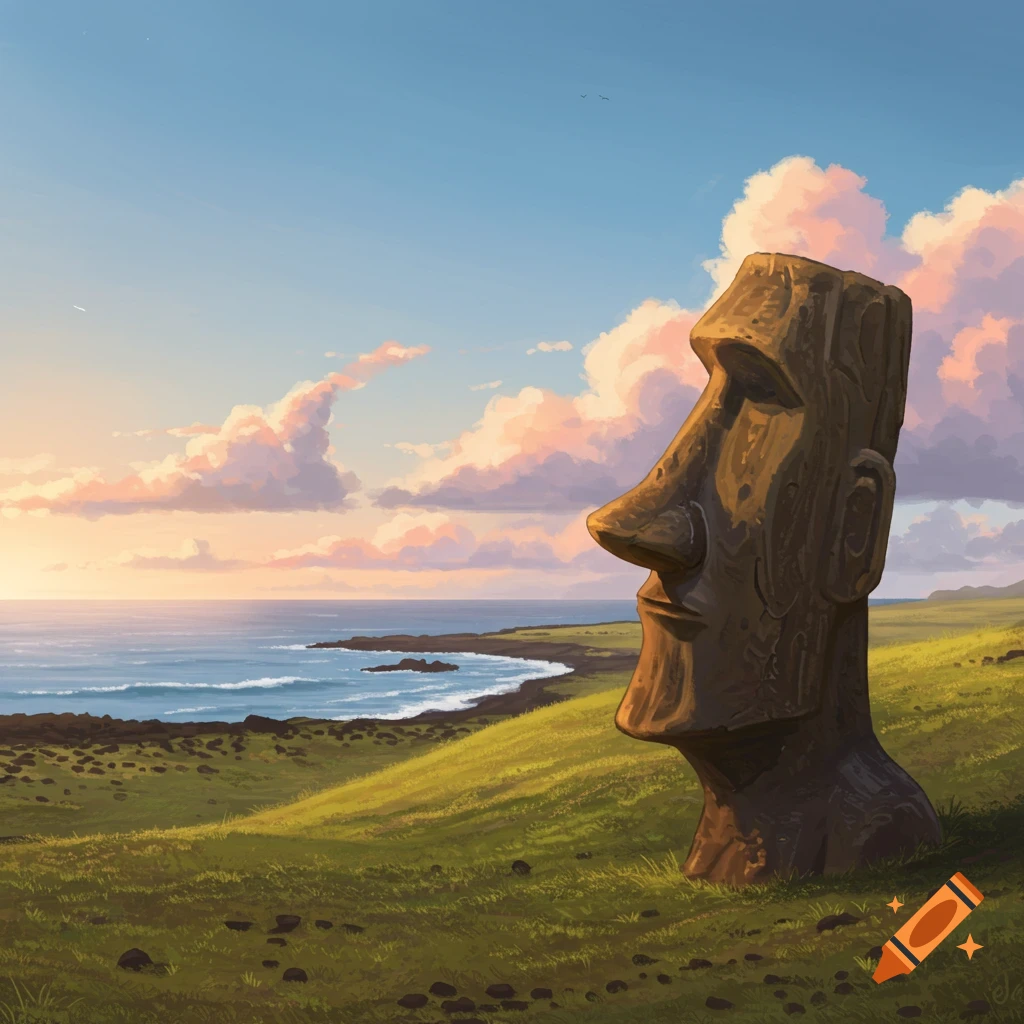 An illustration of a Moai statue on a grassy hill overlooking the ocean at sunset with pink clouds.