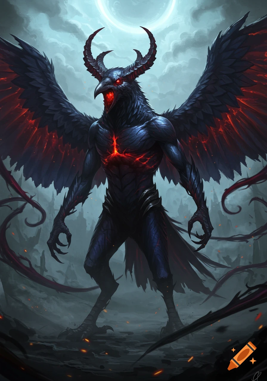 A dark, horned raven demon with glowing red eyes and chest stands with large wings spread in a gloomy, moonlit fantasy landscape.