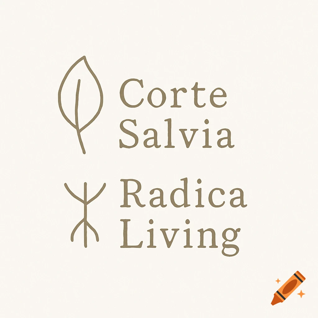 A minimalist logo with 'Corte Salvia Radica Living' in brown, featuring a stylized leaf and abstract human-like symbol on a light background.