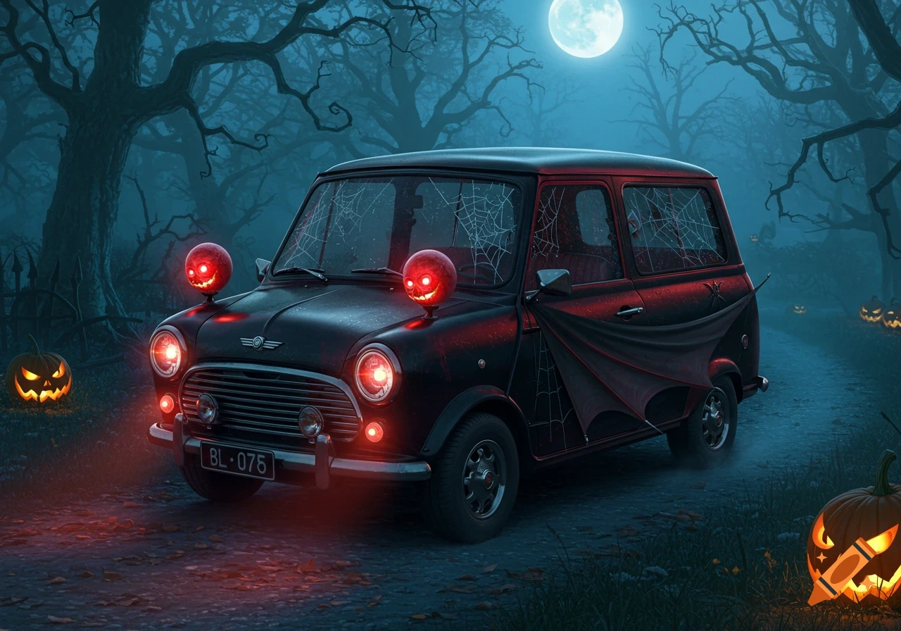 A black vintage Mini Cooper decorated as a vampire car with bat wings and glowing red eyes, in a spooky forest with jack-o'-lanterns under a full moon.