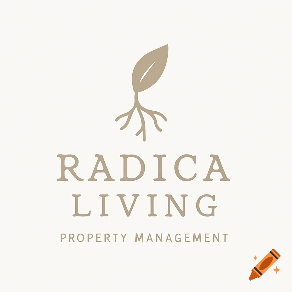 Minimalist logo for Radica Living Property Management featuring a beige leaf and root design on a light background.