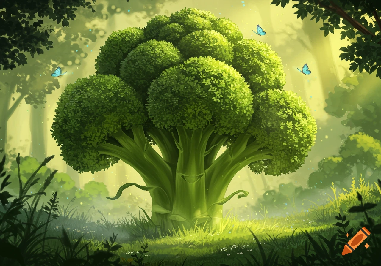 Whimsical illustration of a giant broccoli tree with bright green florets, butterflies, and sparkling light in a magical forest.