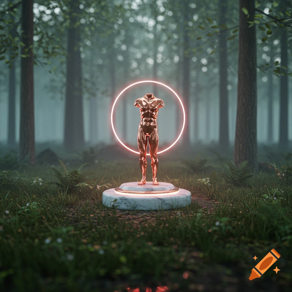 A rose-gold statue of a headless torso on a marble pedestal in a foggy forest, encircled by a glowing neon pink ring.