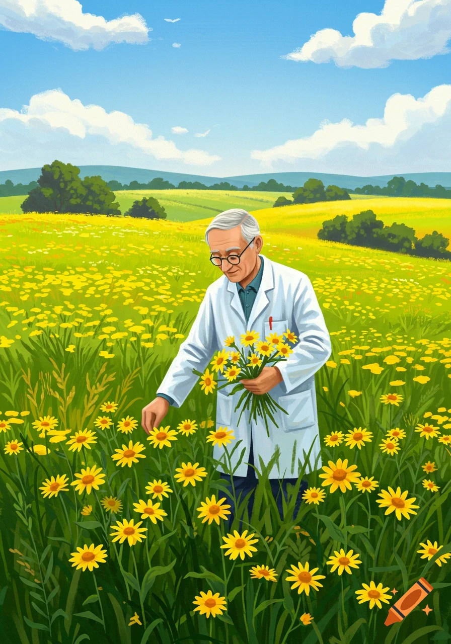 Illustration of a pharmacist in a lab coat collecting yellow flowers in a vibrant field under a blue sky.