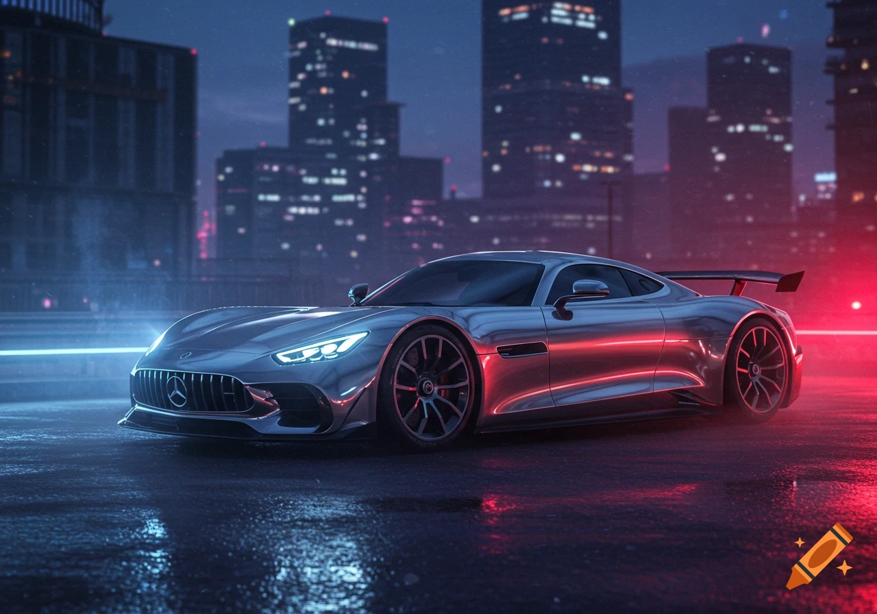 A sleek silver Mercedes sports car on a wet city street at night, illuminated by neon lights with a blurred skyline.