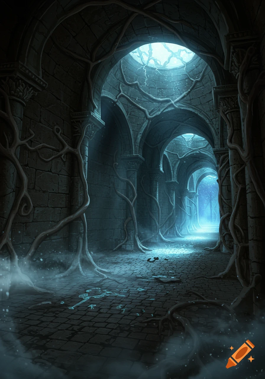 Dark stone labyrinth corridor with gnarled vines and misty ground, glowing with blue light from an overhead opening and far end.