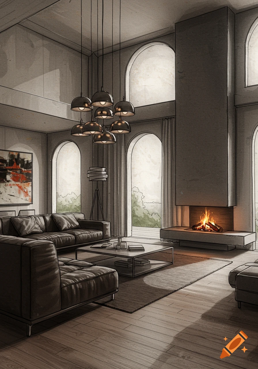 Luxurious sketch-style living room with a modern fireplace, large arched windows, and dark leather sofas.